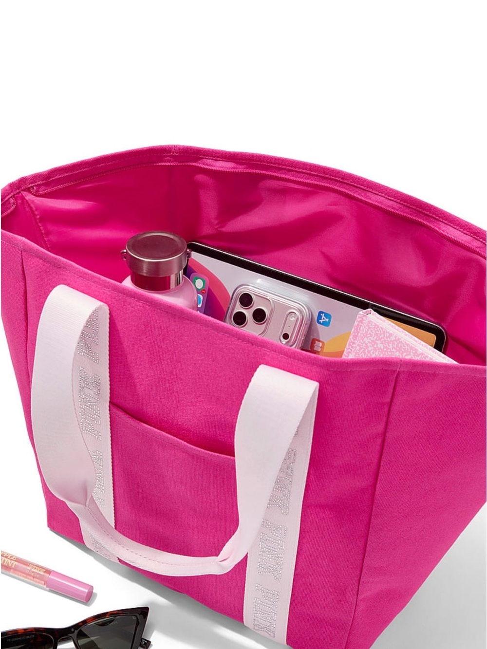 Pink Canvas Tote Bag with White Handles